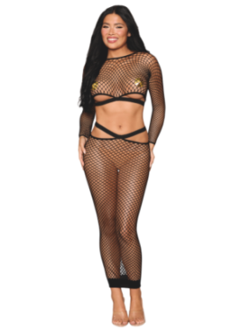 Ensemble 2 pièces top manches longues et jupe résille noire - DG0526BLK